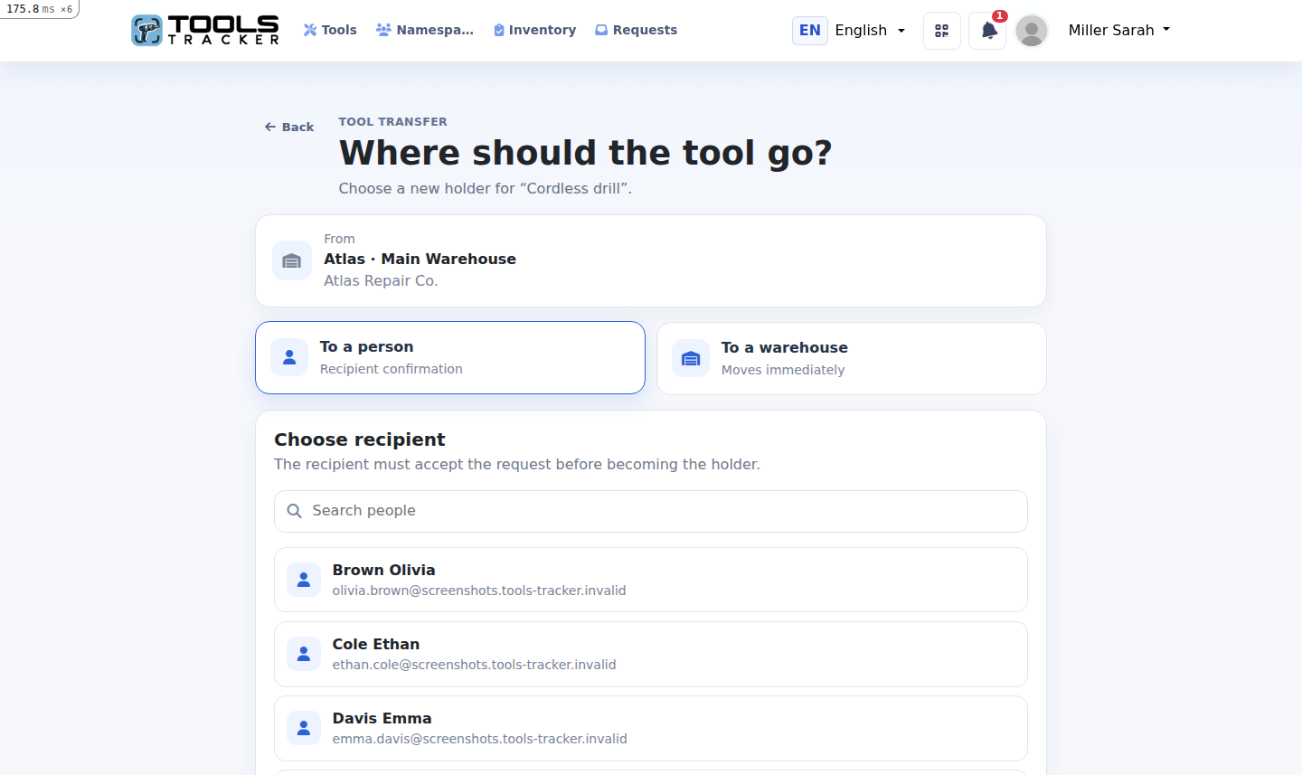 Выбор получателя инструмента в Tools Tracker