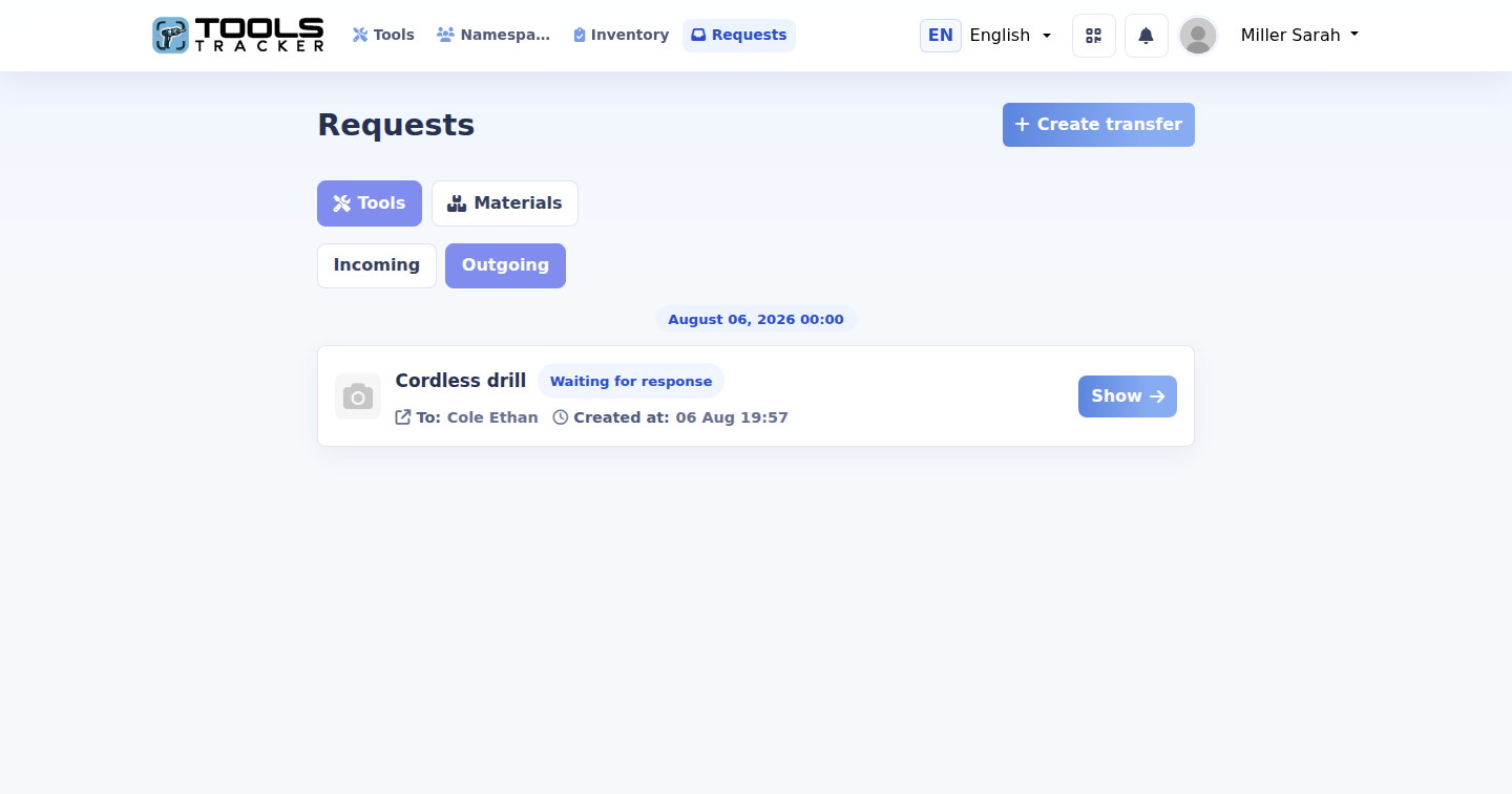Интерфейс Tools Tracker с исходящими запросами