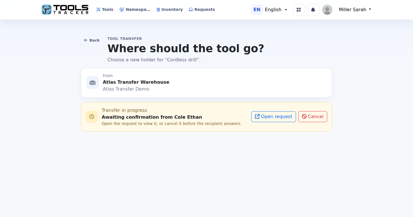 Интерфейс Tools Tracker с ожидающей передачей инструмента